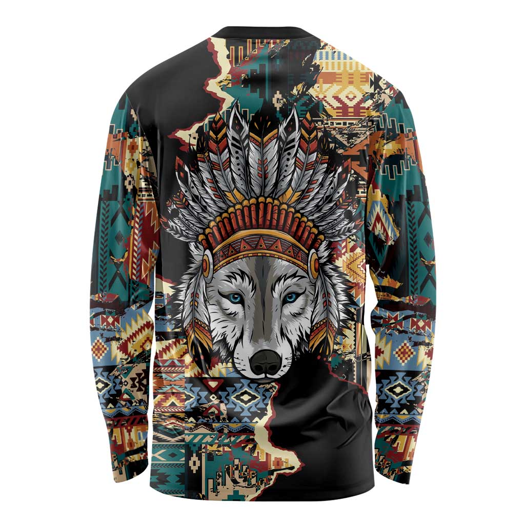 Native American Navajo Wolf Long Sleeve Shirt Grunge Pattern