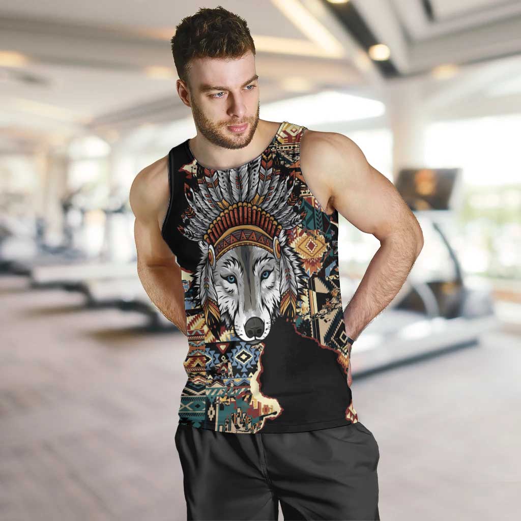 Native American Navajo Wolf Men Tank Top Grunge Pattern