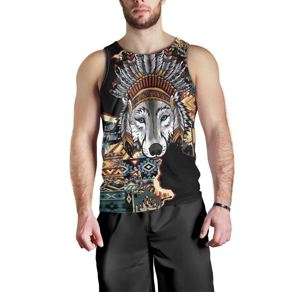 Native American Navajo Wolf Men Tank Top Grunge Pattern
