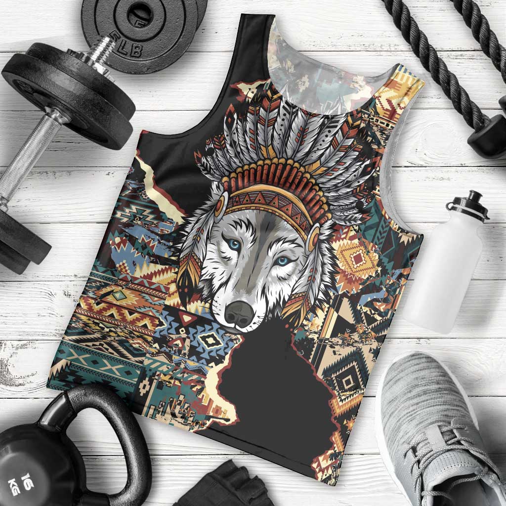 Native American Navajo Wolf Men Tank Top Grunge Pattern