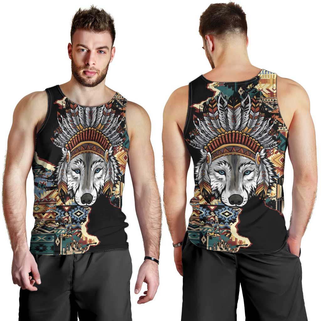 Native American Navajo Wolf Men Tank Top Grunge Pattern