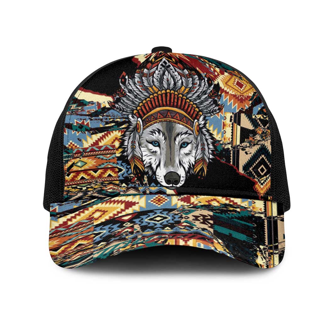 Native American Navajo Wolf Mesh Trucker Cap Grunge Pattern