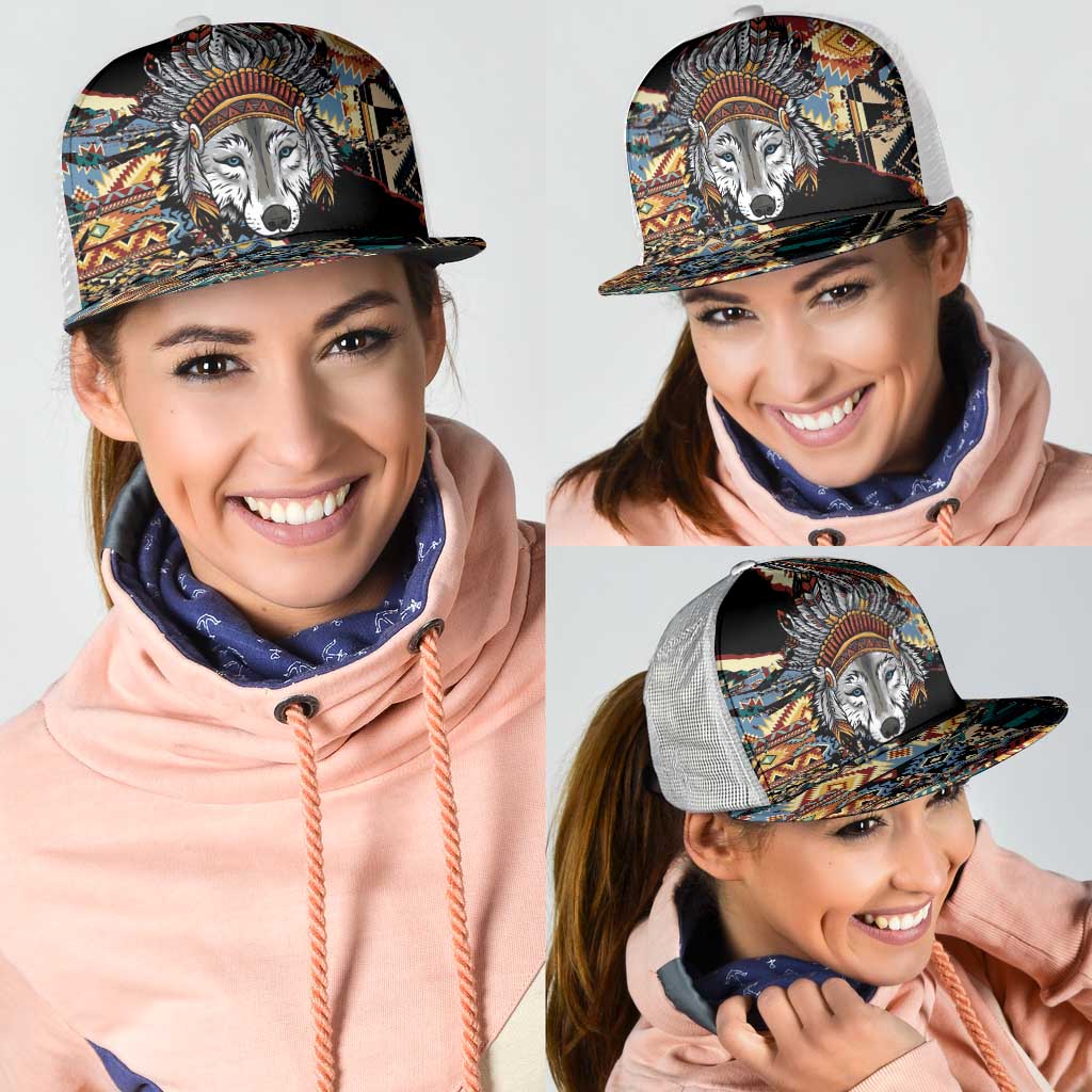 Native American Navajo Wolf Mesh Trucker Cap Grunge Pattern