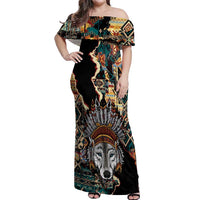 Native American Navajo Wolf Off Shoulder Maxi Dress Grunge Pattern