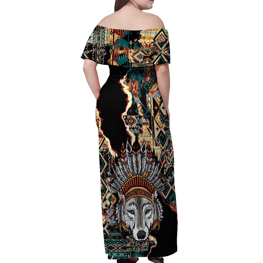 Native American Navajo Wolf Off Shoulder Maxi Dress Grunge Pattern