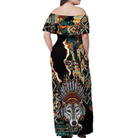 Native American Navajo Wolf Off Shoulder Maxi Dress Grunge Pattern