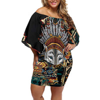Native American Navajo Wolf Off Shoulder Short Dress Grunge Pattern