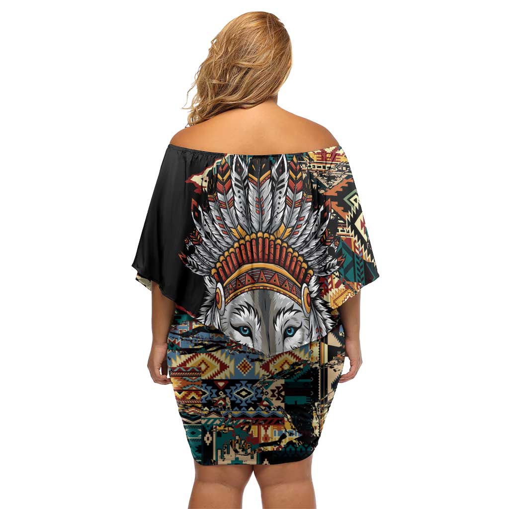 Native American Navajo Wolf Off Shoulder Short Dress Grunge Pattern