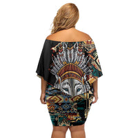 Native American Navajo Wolf Off Shoulder Short Dress Grunge Pattern