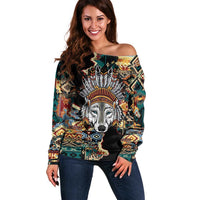 Native American Navajo Wolf Off Shoulder Sweater Grunge Pattern