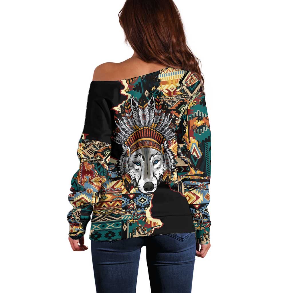 Native American Navajo Wolf Off Shoulder Sweater Grunge Pattern