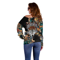 Native American Navajo Wolf Off Shoulder Sweater Grunge Pattern