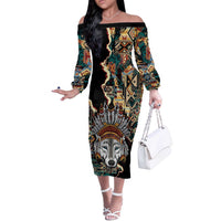 Native American Navajo Wolf Off The Shoulder Long Sleeve Dress Grunge Pattern