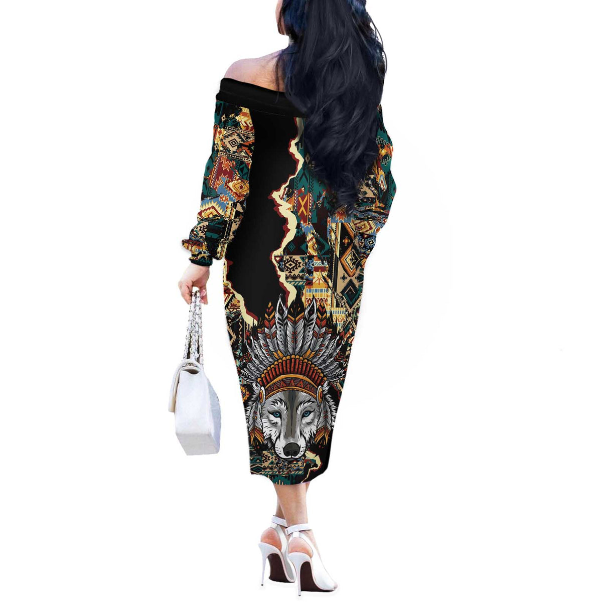 Native American Navajo Wolf Off The Shoulder Long Sleeve Dress Grunge Pattern