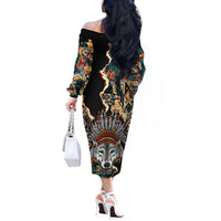 Native American Navajo Wolf Off The Shoulder Long Sleeve Dress Grunge Pattern