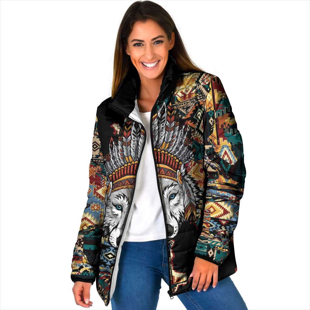 Native American Navajo Wolf Padded Jacket Grunge Pattern