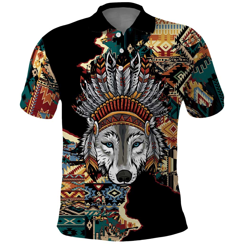 Native American Navajo Wolf Polo Shirt Grunge Pattern