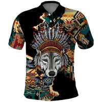 Native American Navajo Wolf Polo Shirt Grunge Pattern