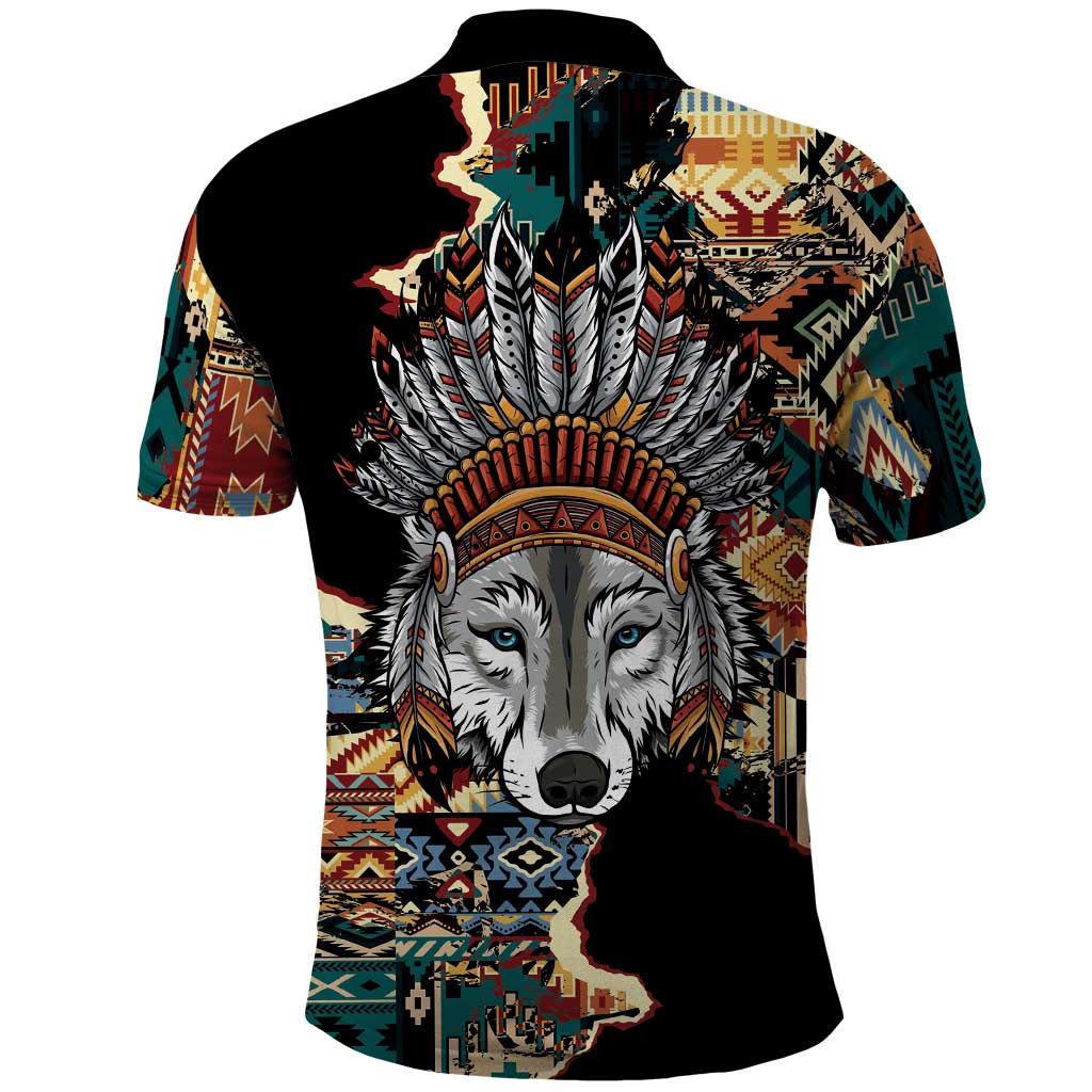 Native American Navajo Wolf Polo Shirt Grunge Pattern