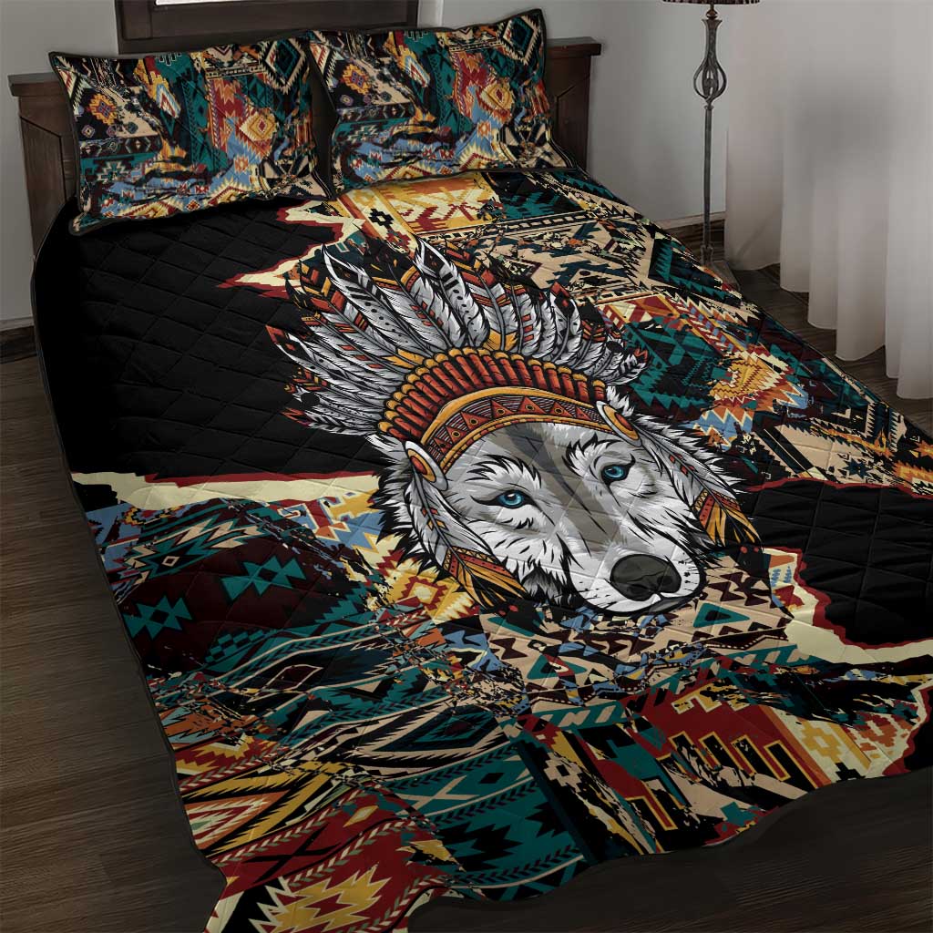 Native American Navajo Wolf Quilt Bed Set Grunge Pattern