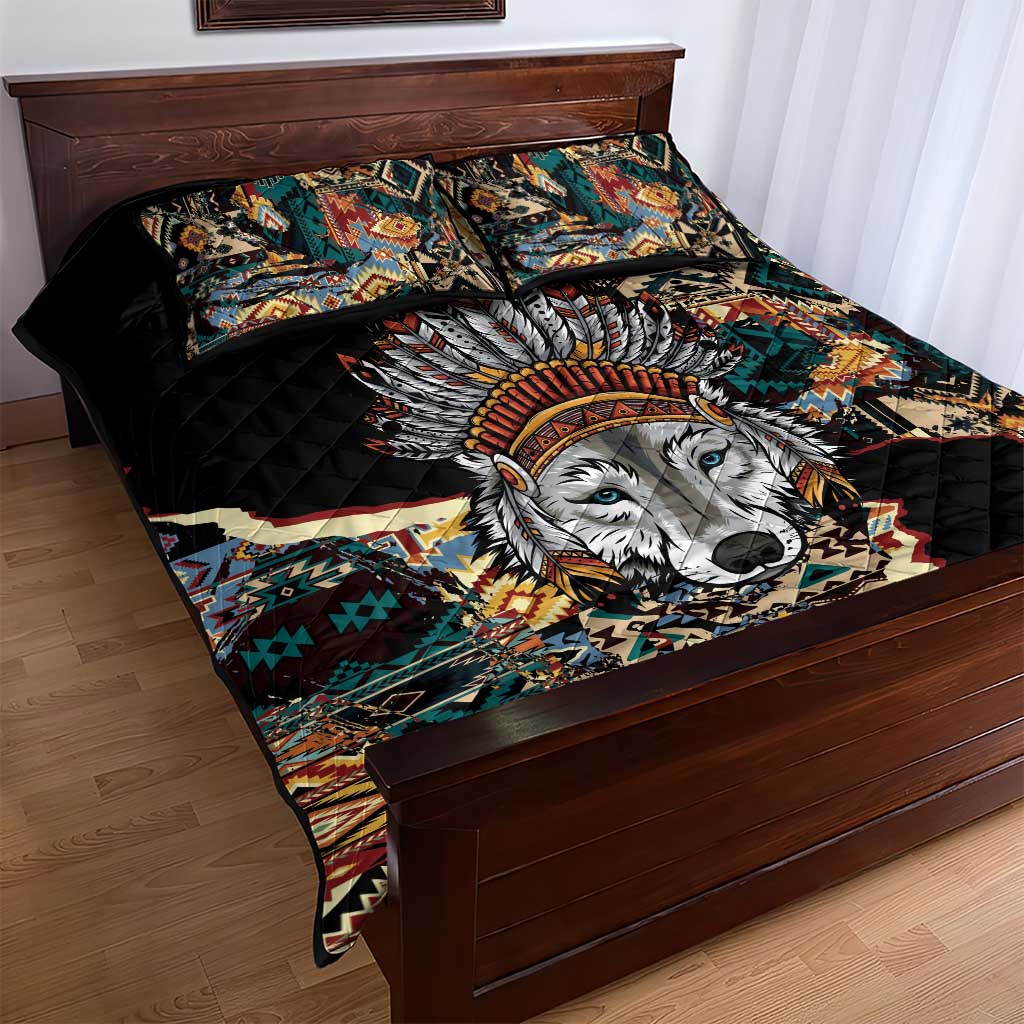 Native American Navajo Wolf Quilt Bed Set Grunge Pattern