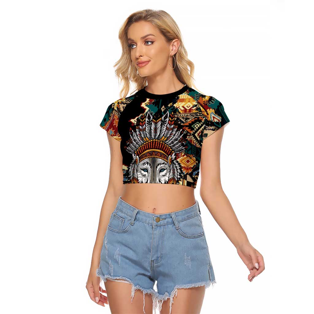 Native American Navajo Wolf Raglan Cropped T Shirt Grunge Pattern