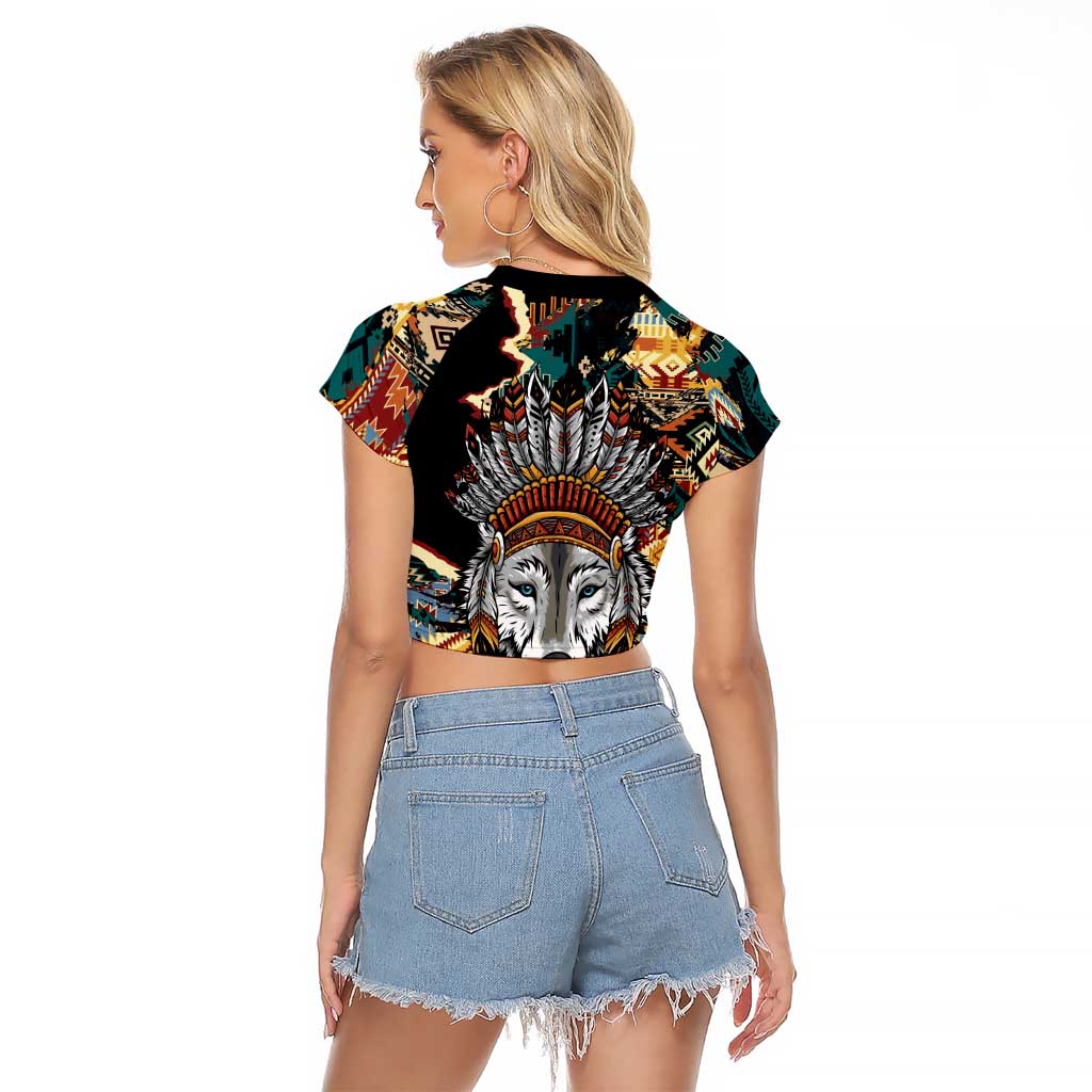Native American Navajo Wolf Raglan Cropped T Shirt Grunge Pattern