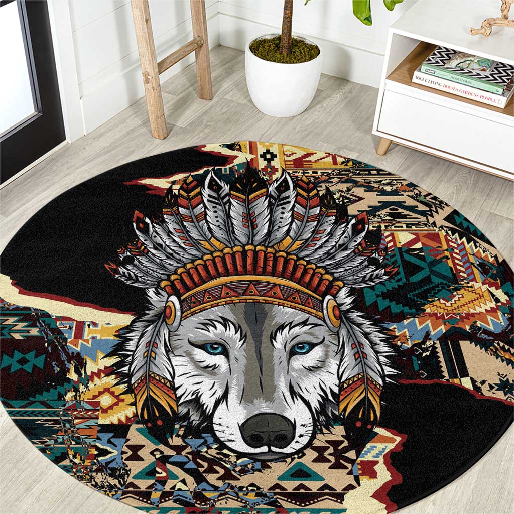 Native American Navajo Wolf Round Carpet Grunge Pattern