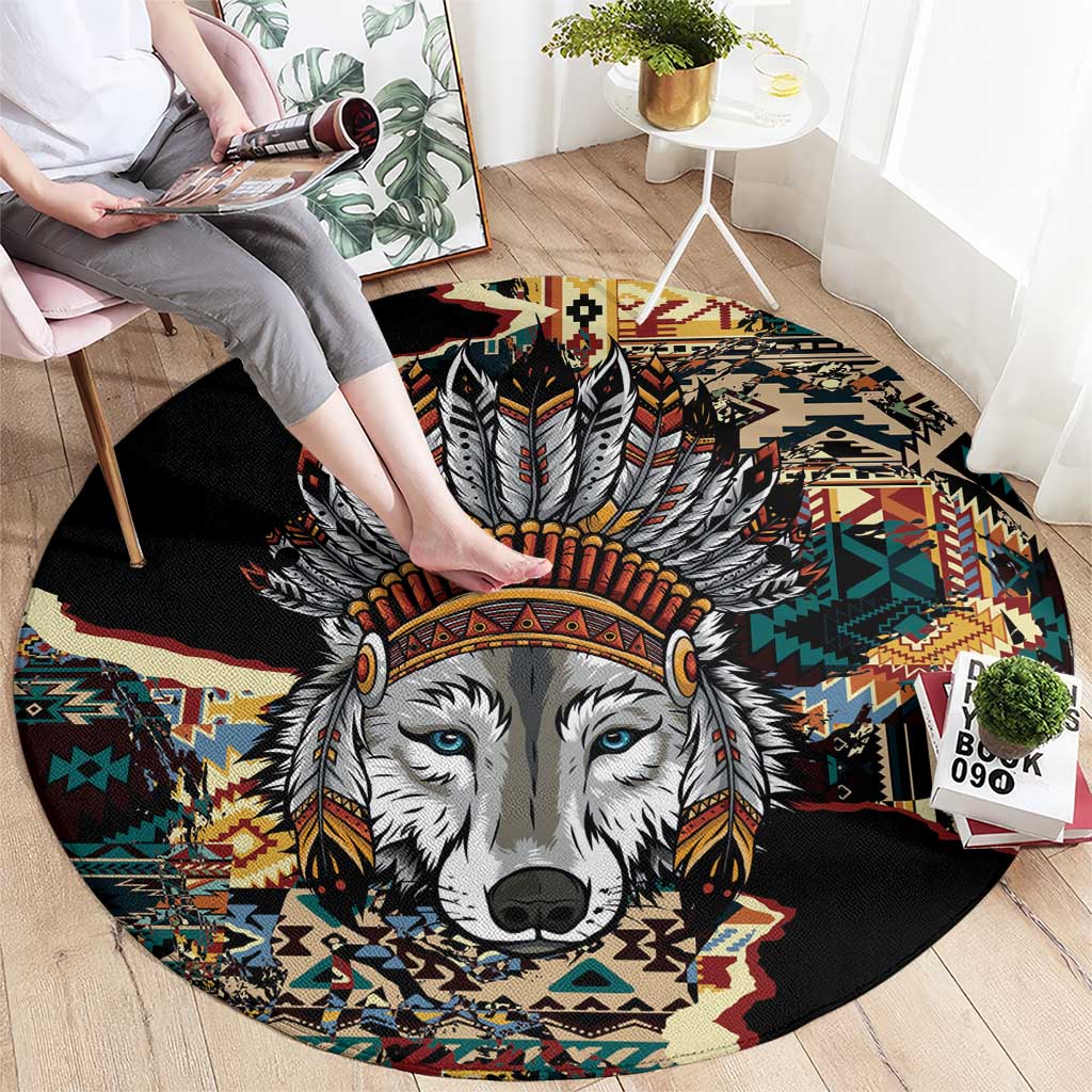 Native American Navajo Wolf Round Carpet Grunge Pattern