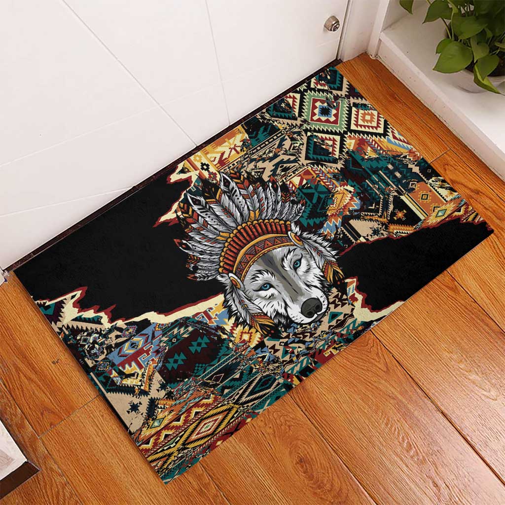Native American Navajo Wolf Rubber Doormat Grunge Pattern