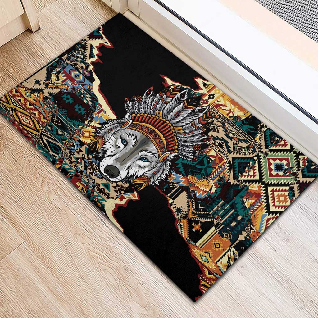 Native American Navajo Wolf Rubber Doormat Grunge Pattern