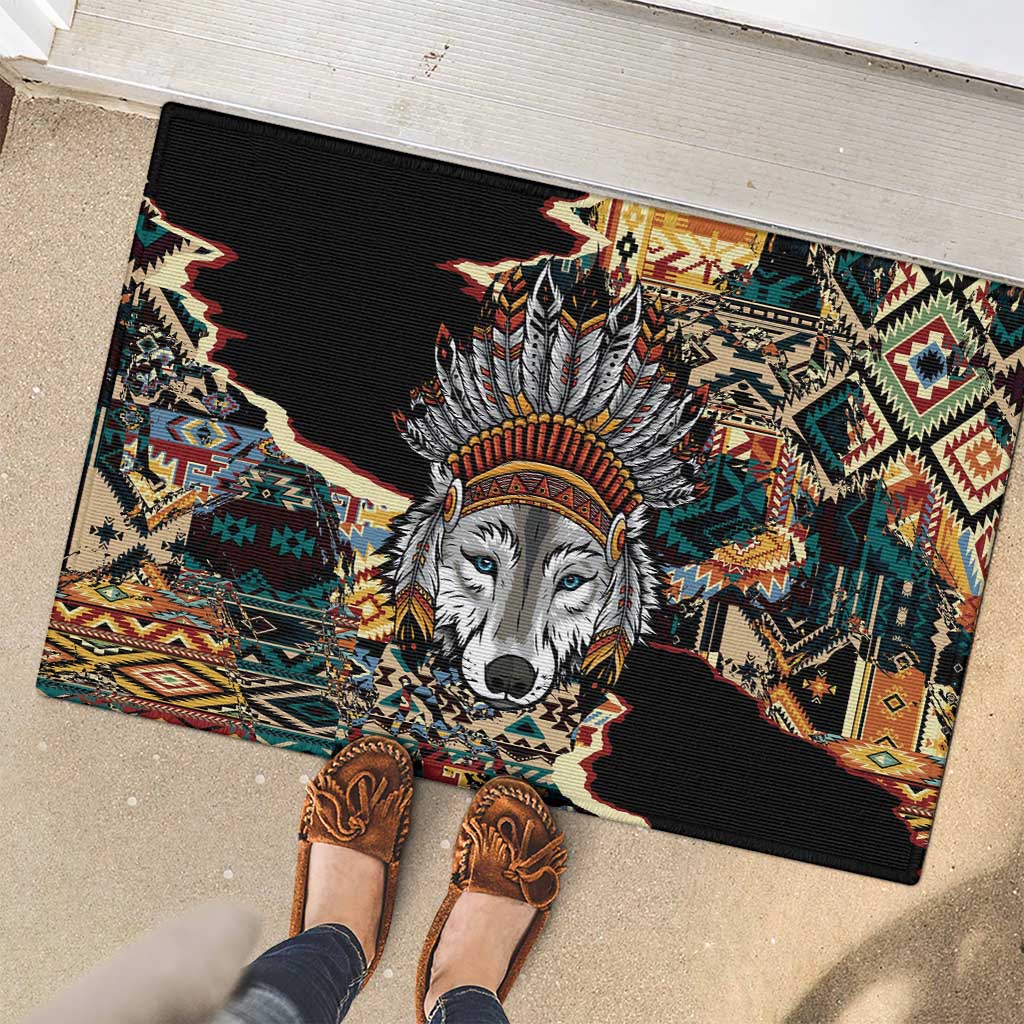 Native American Navajo Wolf Rubber Doormat Grunge Pattern