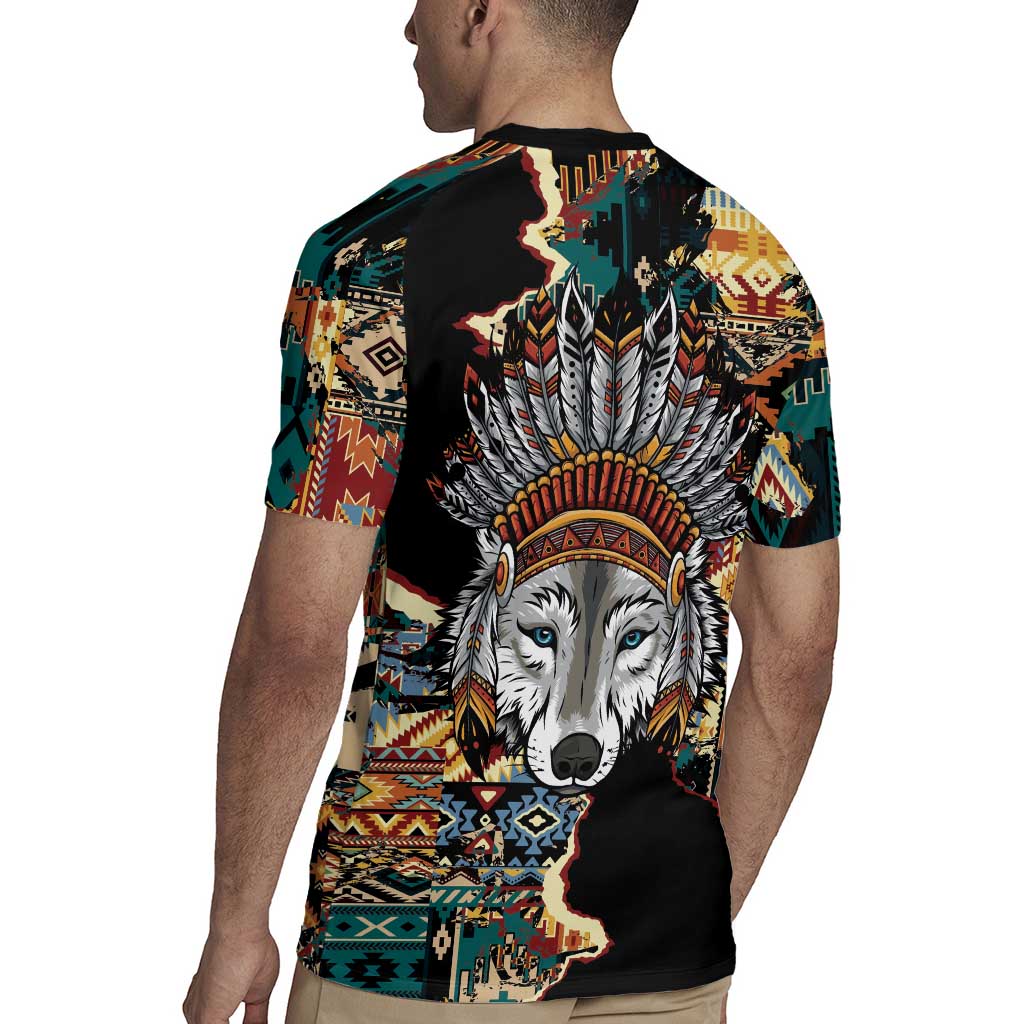 Native American Navajo Wolf Rugby Jersey Grunge Pattern