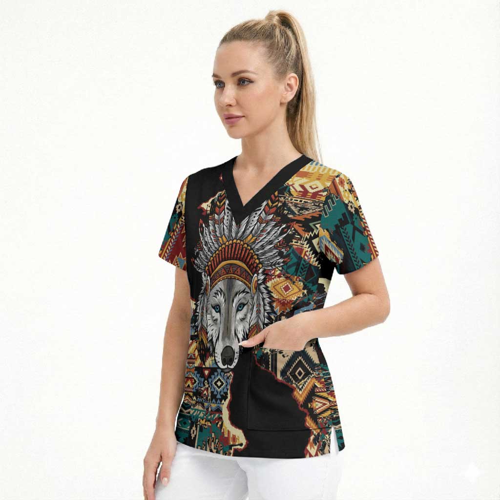 Native American Navajo Wolf Scrub Top Grunge Pattern