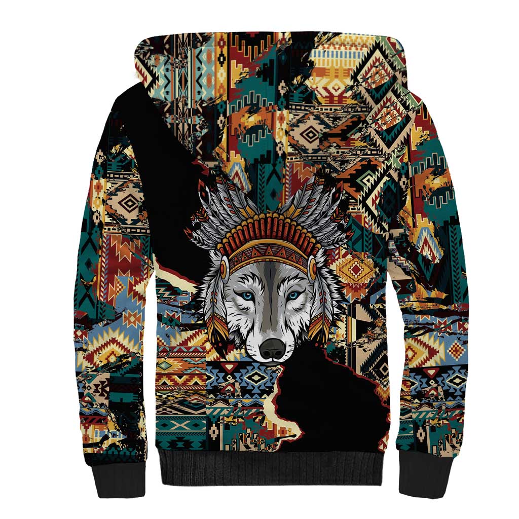 Native American Navajo Wolf Sherpa Hoodie Grunge Pattern