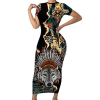 Native American Navajo Wolf Short Sleeve Bodycon Dress Grunge Pattern