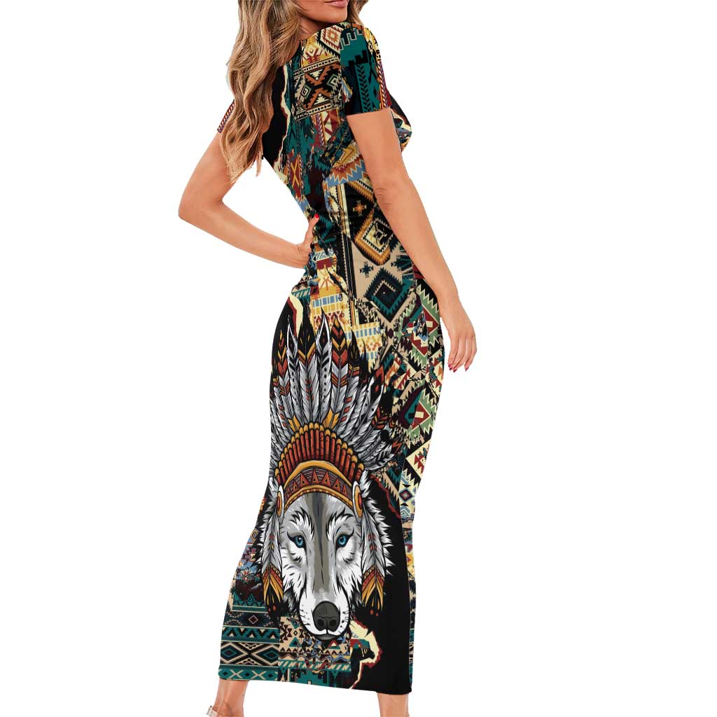 Native American Navajo Wolf Short Sleeve Bodycon Dress Grunge Pattern