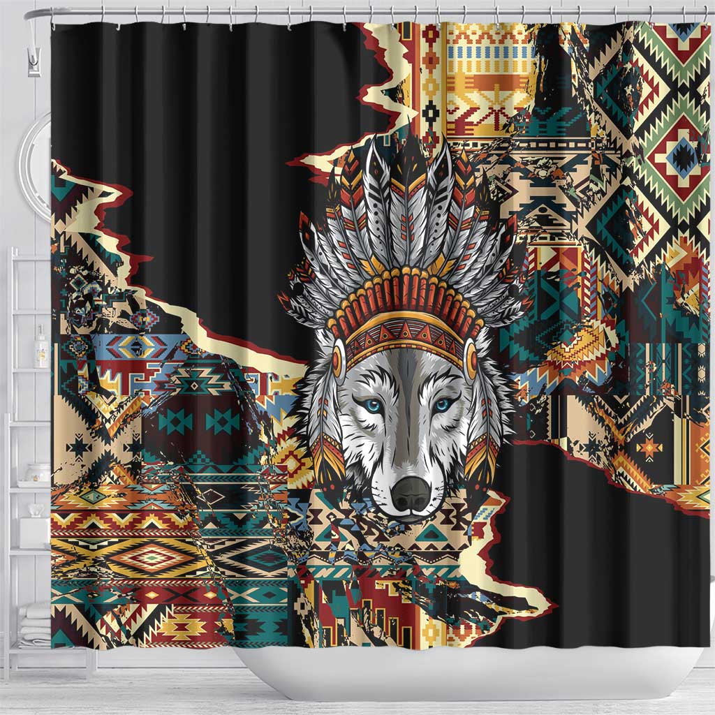 Native American Navajo Wolf Shower Curtain Grunge Pattern