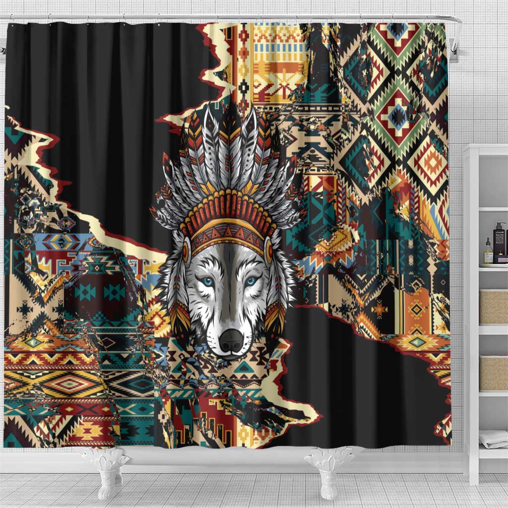 Native American Navajo Wolf Shower Curtain Grunge Pattern