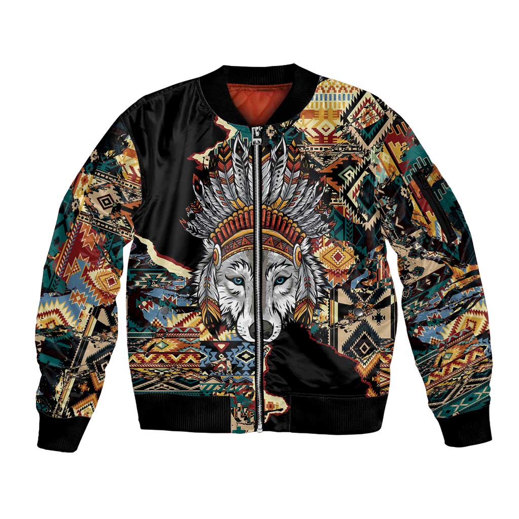Native American Navajo Wolf Sleeve Zip Bomber Jacket Grunge Pattern