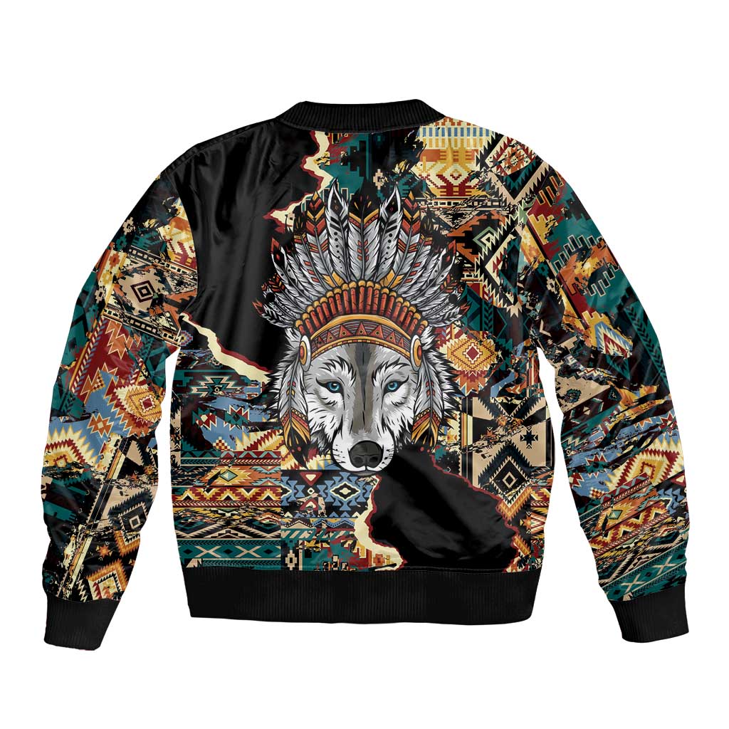 Native American Navajo Wolf Sleeve Zip Bomber Jacket Grunge Pattern