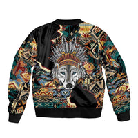 Native American Navajo Wolf Sleeve Zip Bomber Jacket Grunge Pattern