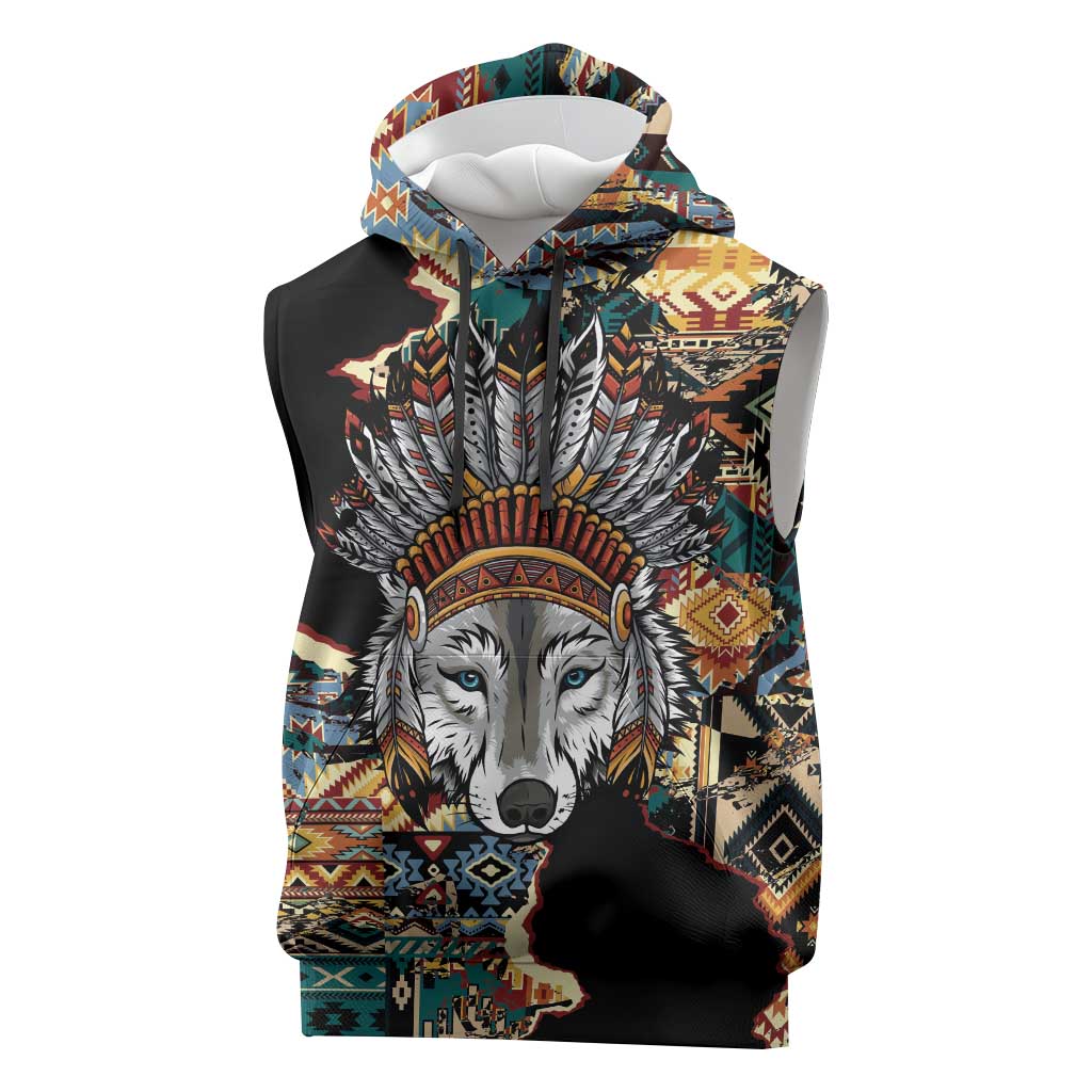 Native American Navajo Wolf Sleeveless Hoodie Grunge Pattern