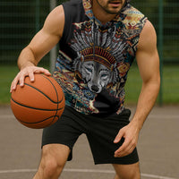 Native American Navajo Wolf Sleeveless Hoodie Grunge Pattern