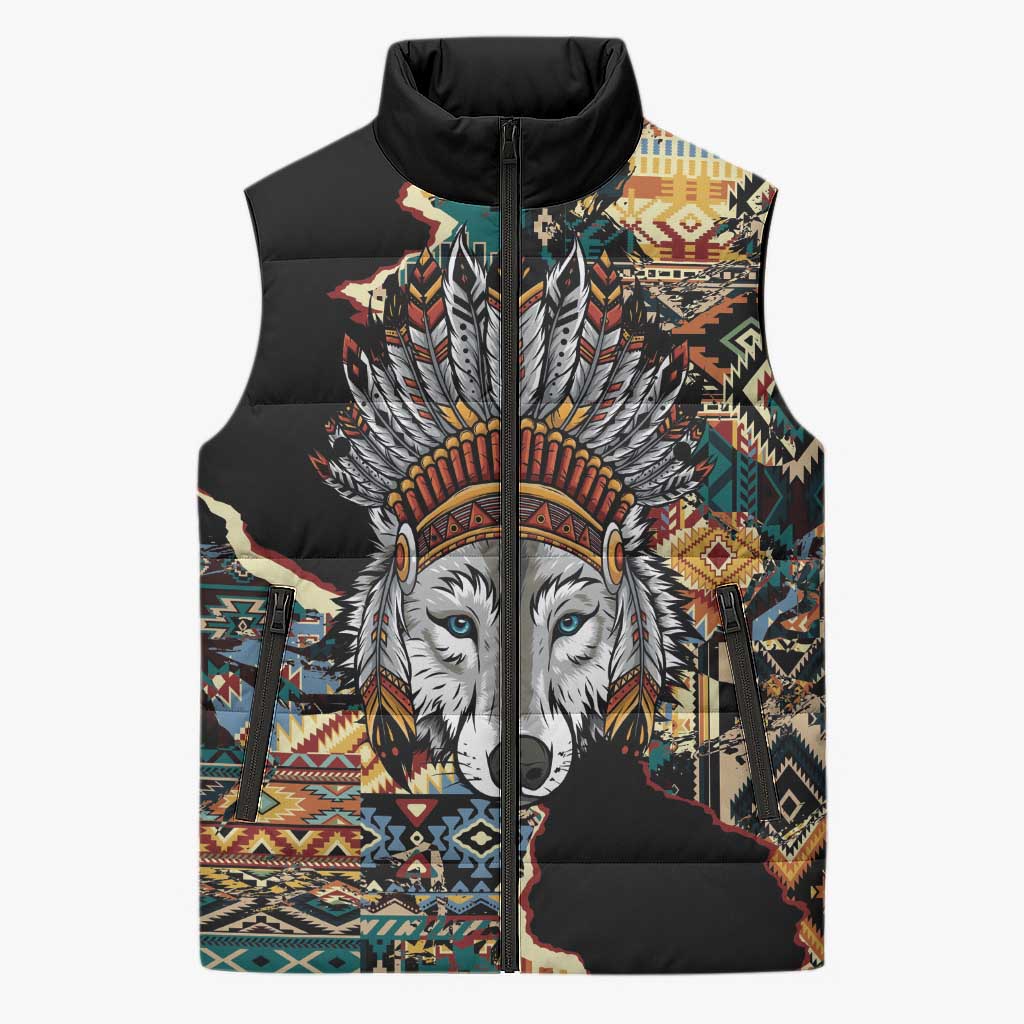 Native American Navajo Wolf Sleeveless Puffer Jacket Grunge Pattern