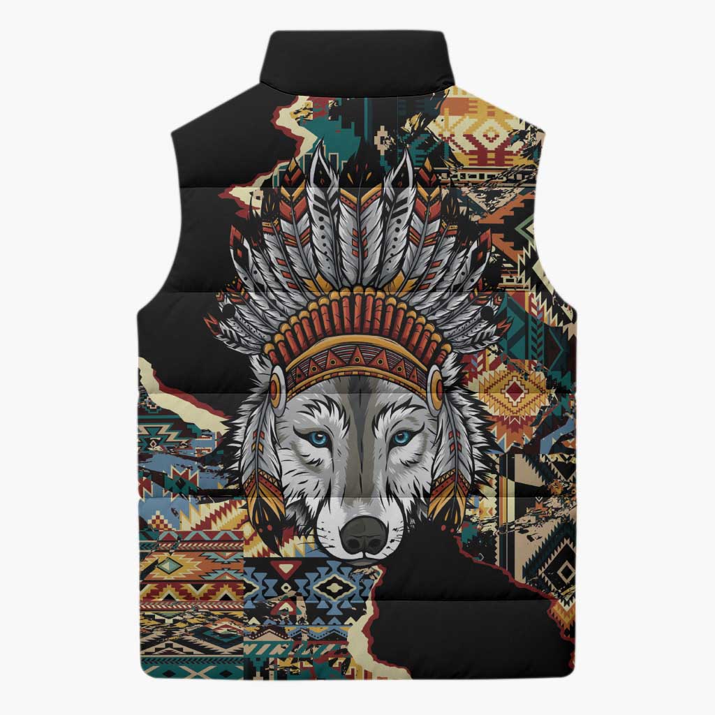 Native American Navajo Wolf Sleeveless Puffer Jacket Grunge Pattern