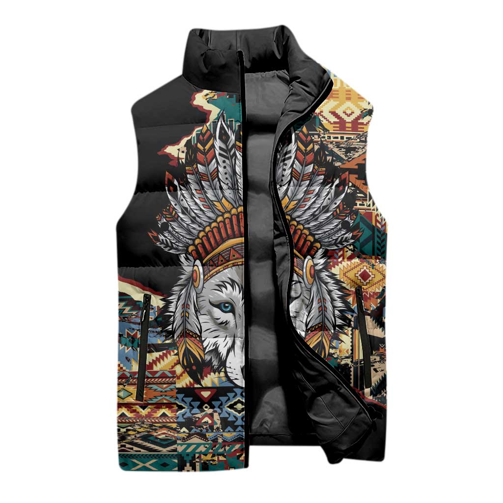 Native American Navajo Wolf Sleeveless Puffer Jacket Grunge Pattern