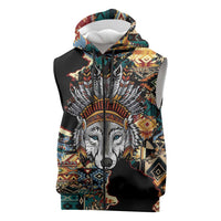 Native American Navajo Wolf Sleeveless Zip Hoodie Grunge Pattern