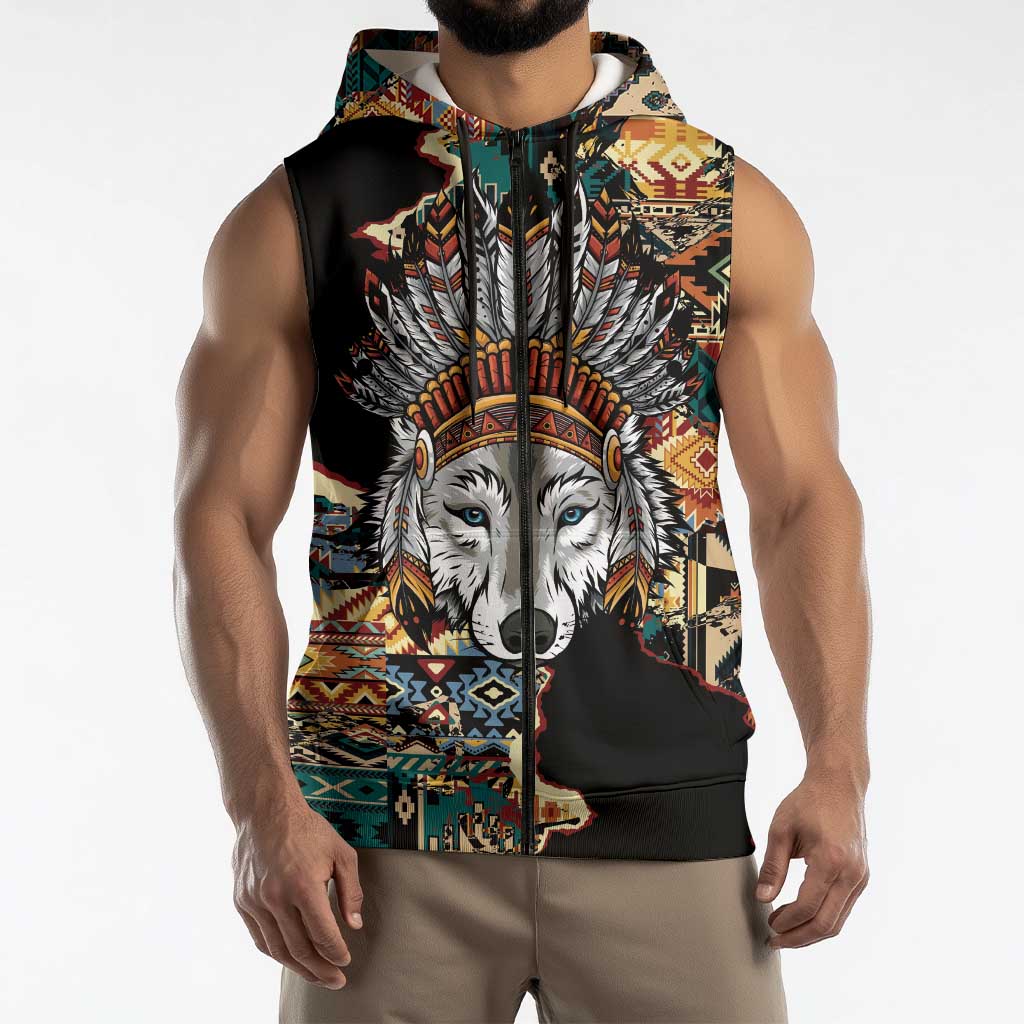 Native American Navajo Wolf Sleeveless Zip Hoodie Grunge Pattern