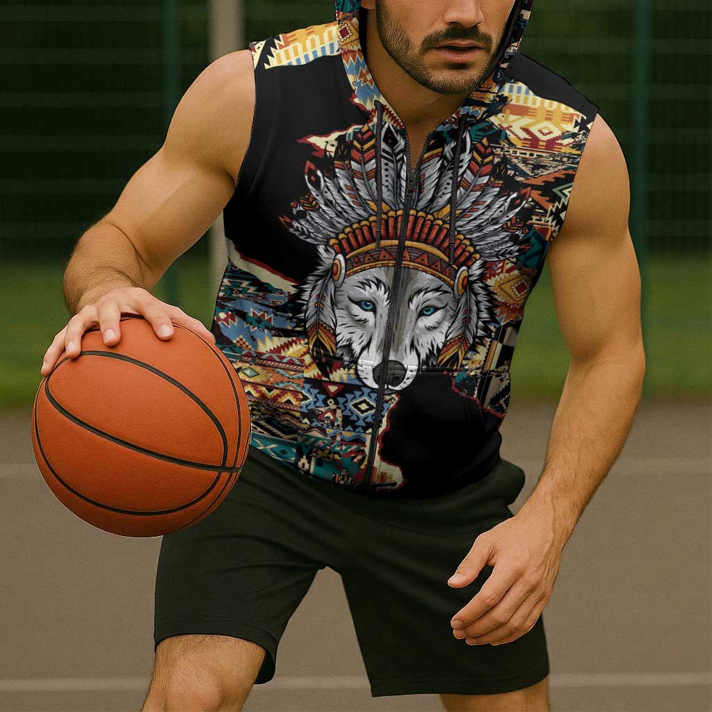 Native American Navajo Wolf Sleeveless Zip Hoodie Grunge Pattern
